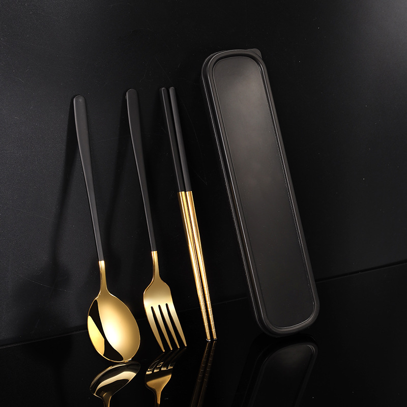 Picture of Stainless steel portable tableware fork spoon chopsticks suit Korean three-piece outdoor gift student tableware suit