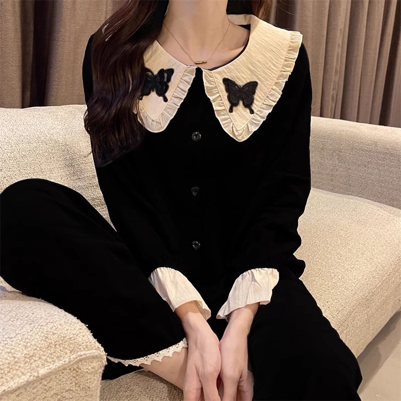 Korean Ins Popular Style Pajamas for Women Spring and Autum 2025 New Black Long-Sleeved Sweet Girl Home Wear Set