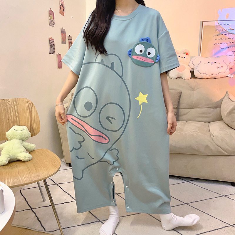 Ugly Fish Pajamas for Men and Women Summer Short-sleeved Cotton Plus Size Loose Cute Cartoon Mid-length Nightgown for Couple