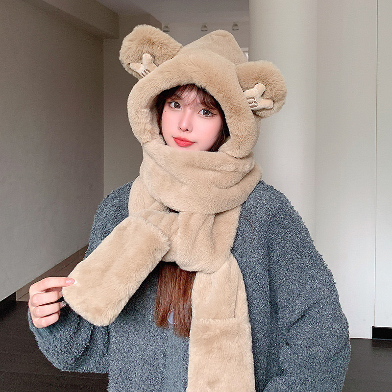 Picture of Winter plush hat scarf gloves one female rabbit autumn and winter three-piece cute thick scarf warm windproof