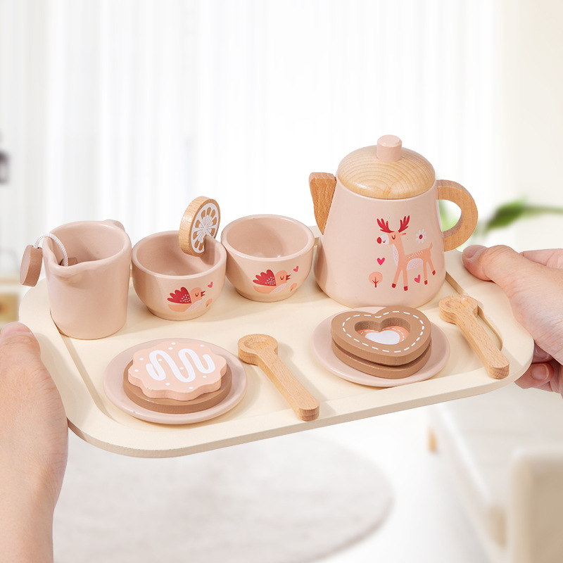 Cross-border Wooden Children's Simulation Play-house Toy Tea Set suit Children's Afternoon Tea Dessert Parent-child Educational Toys