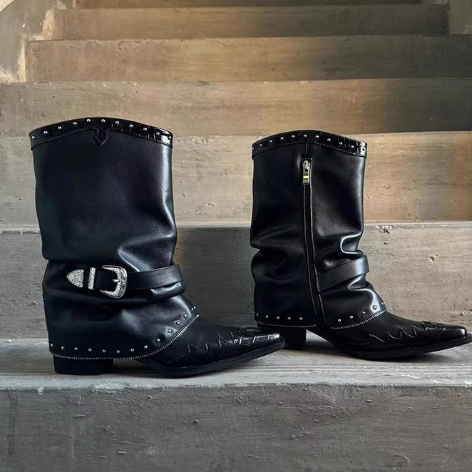 Punk Boots Children Autumn and Winter High-end Sense Trousers Boots 2025 Winter New Pointed Rivet Pleated High Heel Thick Heel Ankle Boots