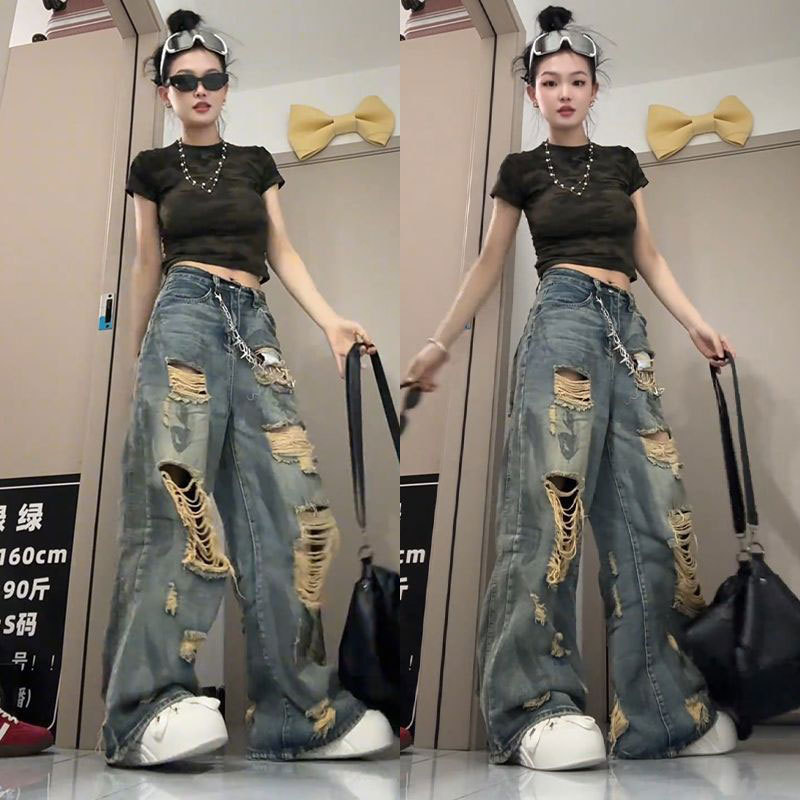 Loose Plus-Size Ripped Wide-Leg Jeans for Women, Large Size, Summer 2025 New High-Waisted Slimming Scimitar Floor-Length Pants