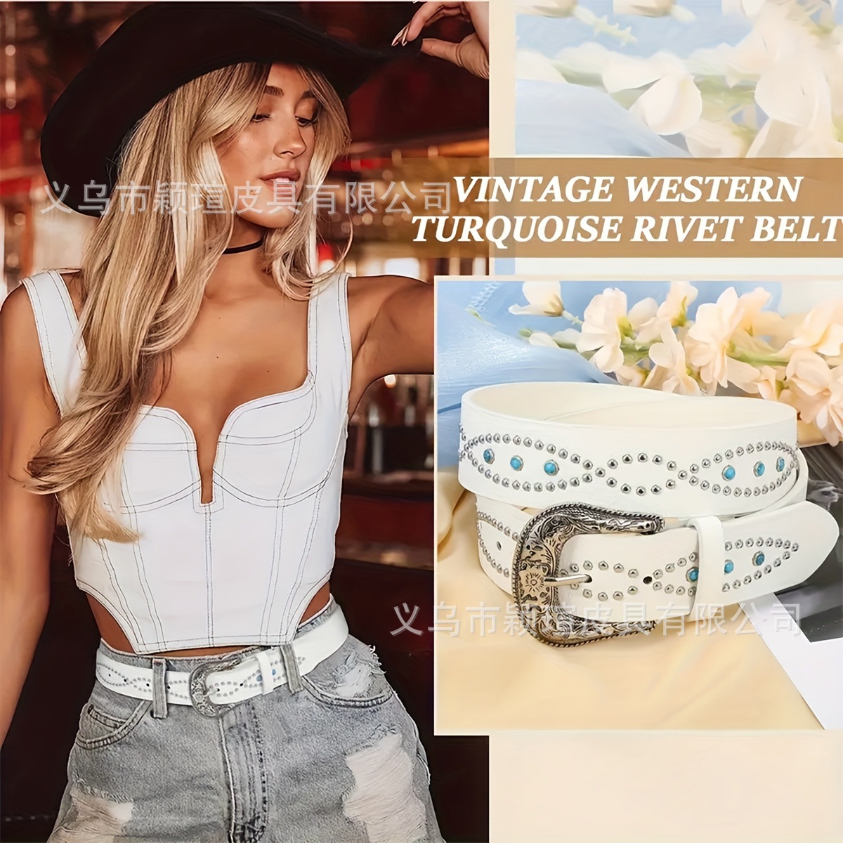 Cross-Border Women's Belt Pomicia Turquoise Inlaid Decorative Belt Fashionable Versatile Ready Stock Wholesale