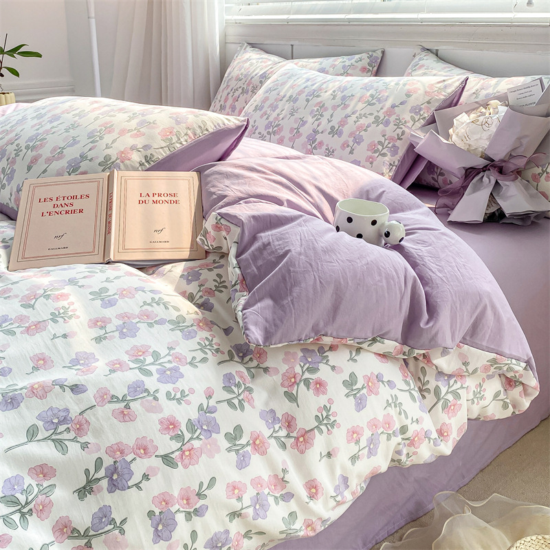 Class A Double-layer Yarn Washed Cotton Four-piece Set Small Floral Quilt Cover Bed Sheet Person Student Dormitory Three-piece Set Bed Cover 4