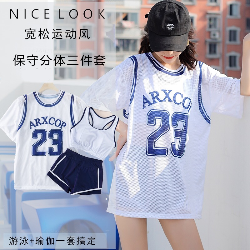 2021 New Fashion Swimwear Women's Summer South Korea Instagram Style Sunscreen Three-piece Set Conservative Belly Covering Slimming Students