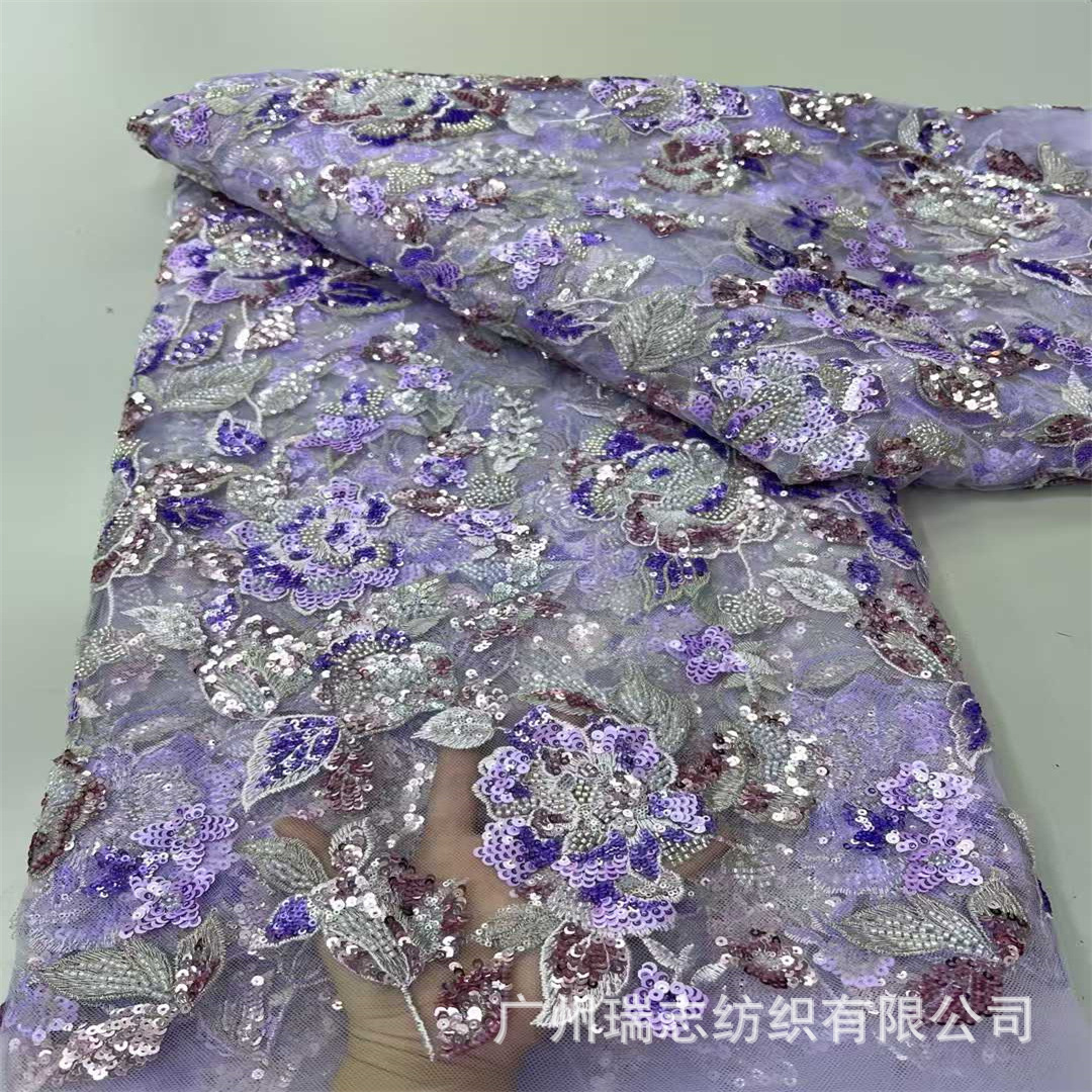2025 New Mesh Purple Flower Lace Fabric Ethnic Clothing Dai Dress Cheongsam Children's Clothing Embroidered Cloth