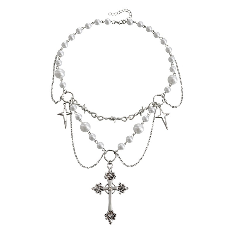 European and American Cross-border Jewelry Niche Design Double-layer Highlight Pearl Tassel Cross Star Necklace Female All-match