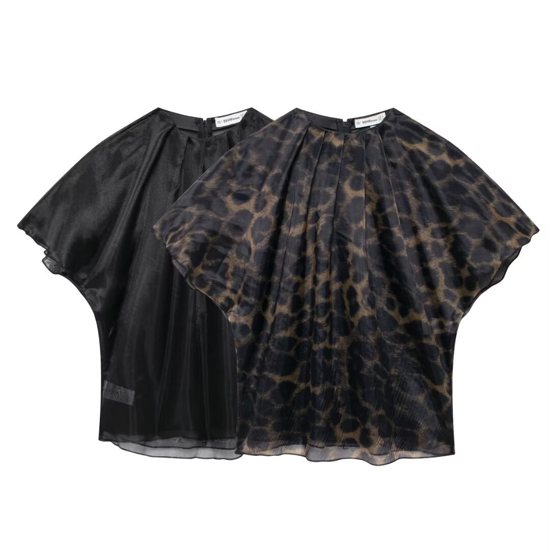 European and American Style 2024 New Fashion Retro Pleated Double Layer Organza Top Loose Short Trendy Shirt