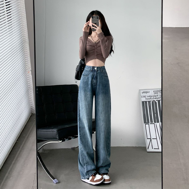 Vintage Straight Jeans Women's High Waist Loose Spring Thin Wide Leg Dipped 2024 New All-match Mop Pants