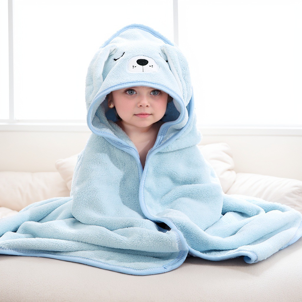 Picture of Baby Cartoon Bag Blanket Coral Fleece Absorbent Children's Bath Towel Embroidered Blanket with Hood Cloak Soft Newborn Blanket