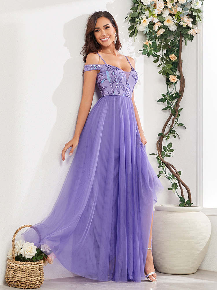 Picture of Cross-border European and American Shoulder Strap Double V-neck Sequin Embroidery Stitching Party Dress Elegant A- pendant Tulle dress