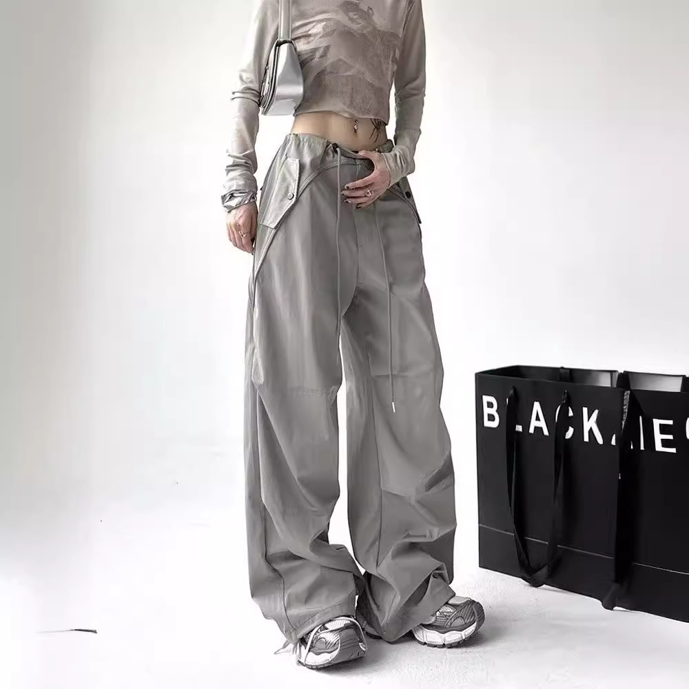 American-Style Cargo Pants for Men and Women, Summer New Drawstring Pleated Loose Casual Straight-Leg Parachute Pants
