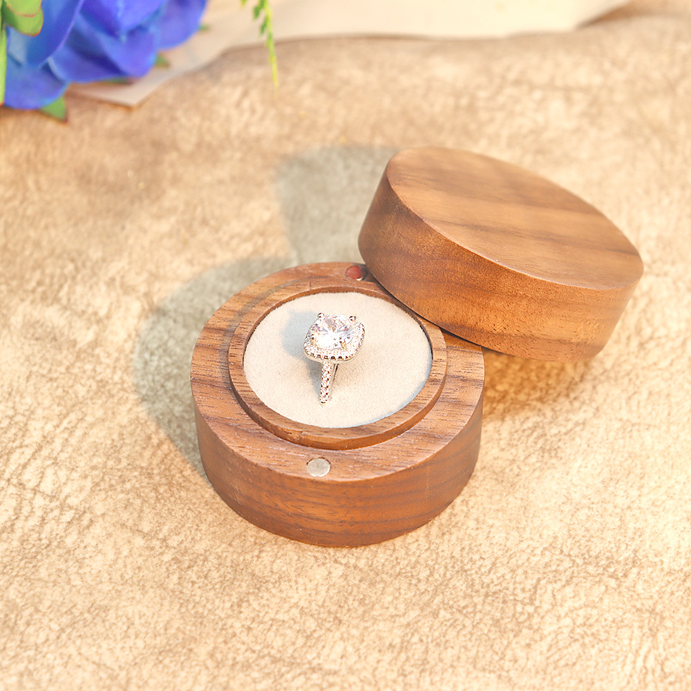 Picture of Jewelry Box Creative Solid Wooden Ring Box Jewelry Storage Box Round Fashion Wooden Black Walnut Gift Box