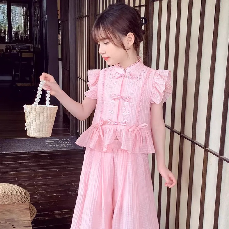 Girls' New Chinese Style National Style Wide Leg Pants suit Little Girl's Summer 2024 New Western Style Children's Casual Two-piece Set