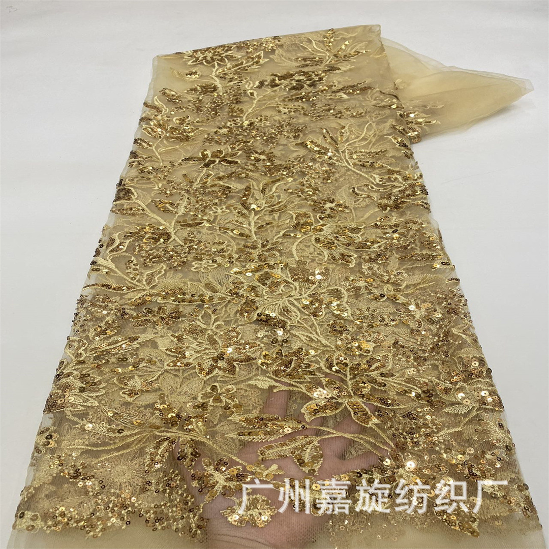Mesh Shiny Embroidered Evening Dress Colorfulful Sequin Embroidered Fabric Positioned Exquisite Plant Flower Children's Clothing Skirt Fabric