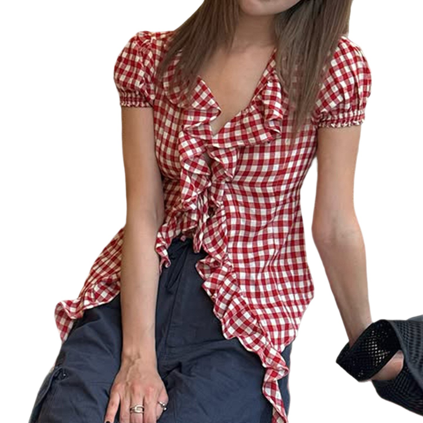 Picture of French Retro Red Plaid Shirt Top Cross-Border Women's Ruched Ruffle Tie Puff Sleeve Short-Sleeve T-Shirt