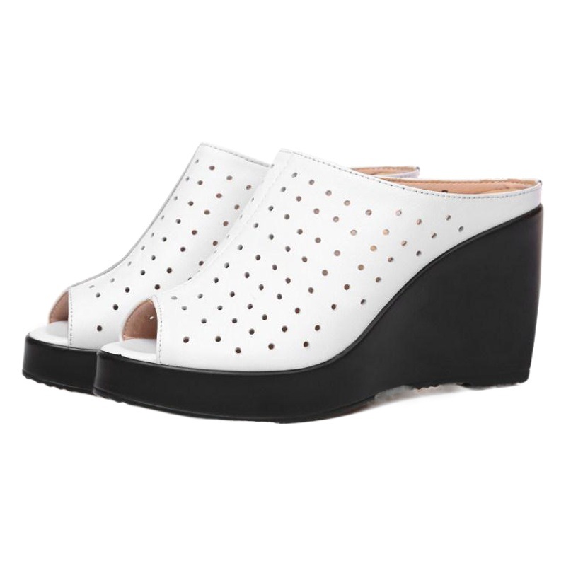 2019 Summer New Fashion Hollow-out Women's Shoes High Heel Soft Leather Sandals Slip-on Wedge Fishmouth Casual Slippers