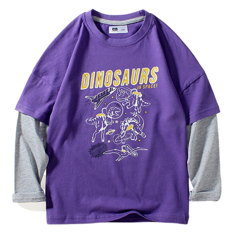 2025 Autumn Korean Style Boys' Long-Sleeved T-Shirt with Dinosaur Print for Older Children, Children's Base Shirt, Exclusively for Cross-Border Sales