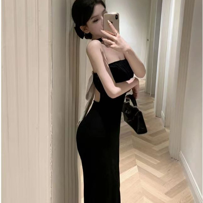 Black Neck dress Summer Pure Desire Spice Girl Skirt Sexy Bow Small Slim-fit Hip Split Skirt
