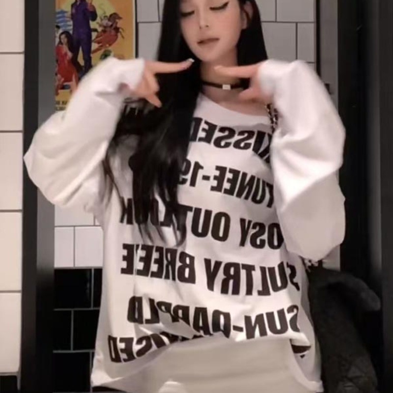 Picture of American Style Spice Girls Shoulder Letter Print Long-sleeved T-shirt Women's Early Autumn Mid-length Casual Loose Laid-back Shoulder Top