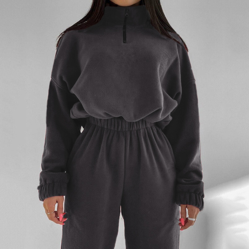 Picture of 2025 Spring and Autumn Hot Selling New Women's Clothing Amazon Fashion Solid Color Loose Zipper Stand Collar Sweatshirt Casual 2-Piece Set