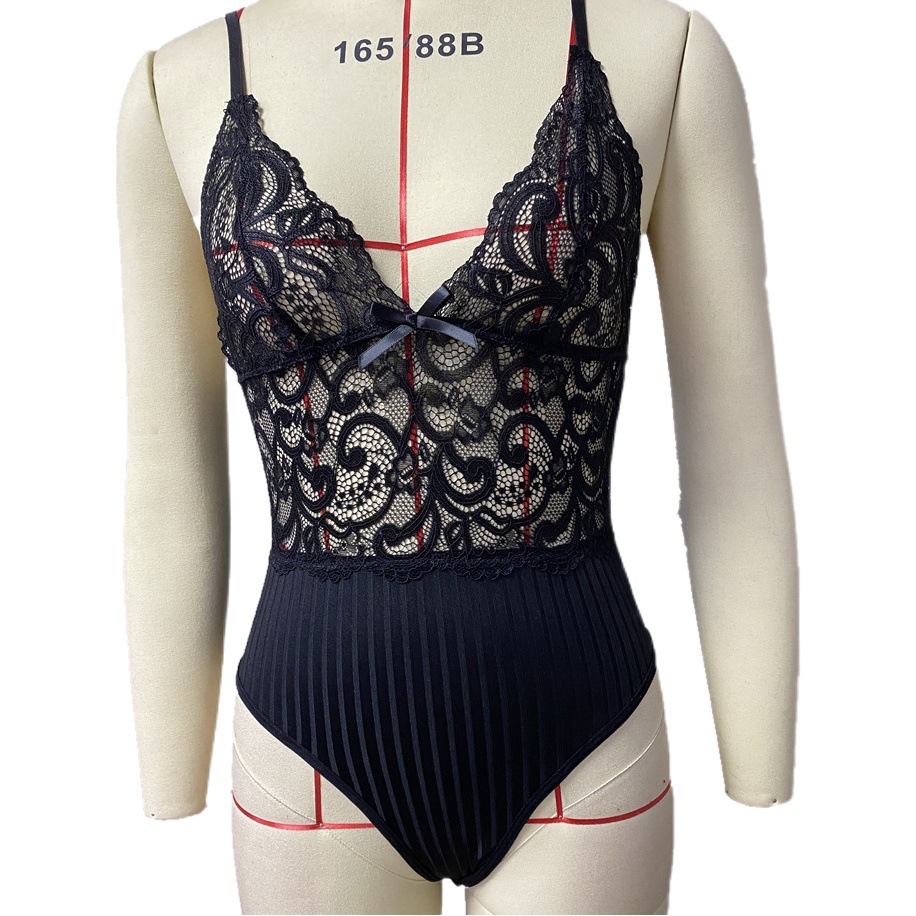 2025 New Ebay European and American Sexy Lingerie, Feminine Lace Cut Out Jumpsuit, Spliced Tight Suspender Pajamas