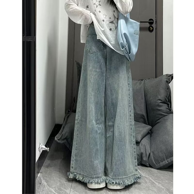 Old-fashioned Retro Wide-leg Jeans Women's 150 Small High Waist Covering Span Slimming Long Trousers with Fringe and Fringe