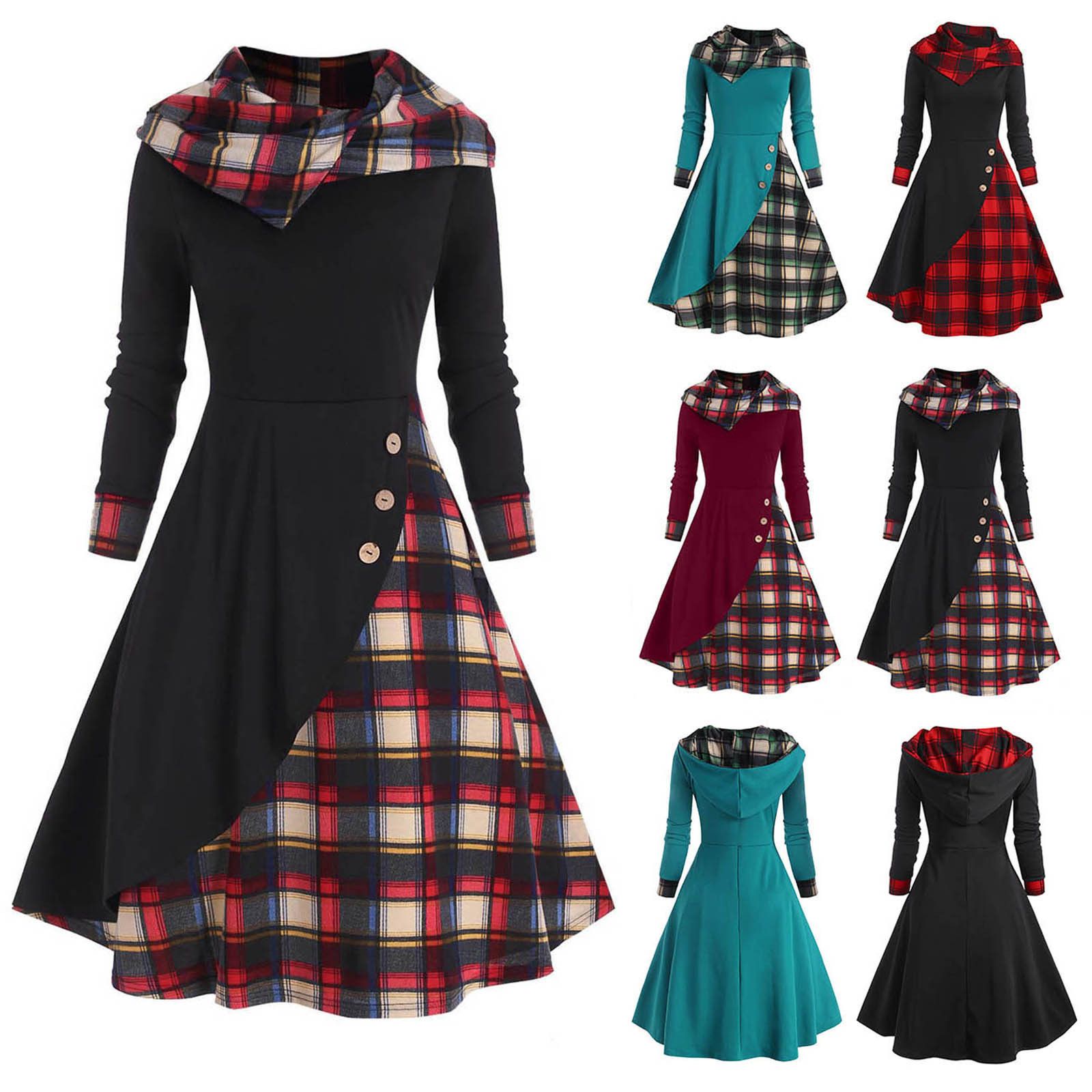 New plaid button decoration plaid stitching turtleneck hooded mid-length dress