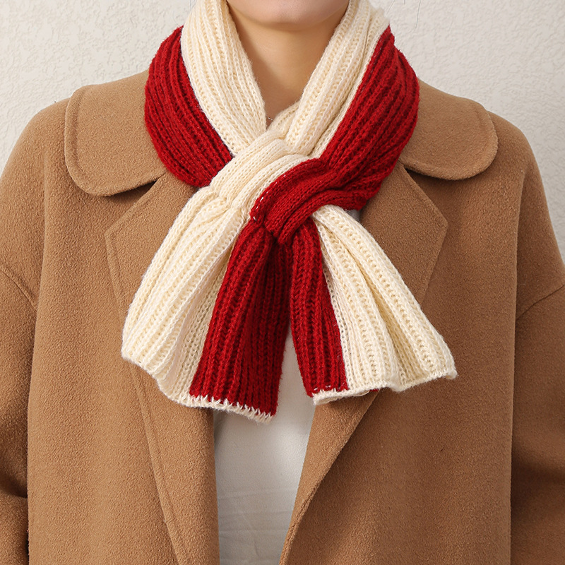 Picture of Small Scarf Short Women's Autumn and Winter Cross Knitted Scarf Korean Style Color Matching Versatile Winter Warm Lazy Neck Protector Popular