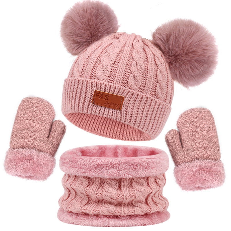 Cross-border new European and American children's hat scarf gloves three-piece autumn and winter new warm double ball baby hat