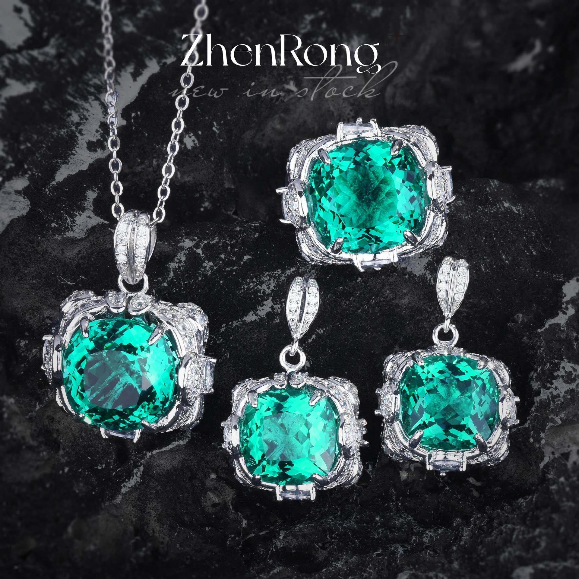 New Aquamarine Topaz Pendant Large Carat Fat Square Caibao Earrings Paraiba Ring Green Diamond suit Women