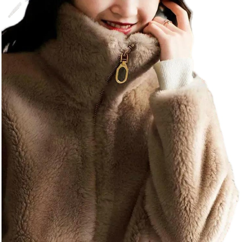 Picture of Fleece-lined thickened coat women's fashionable winter double-sided fleece warm turtleneck sweater zipper cardigan coral fleece top women