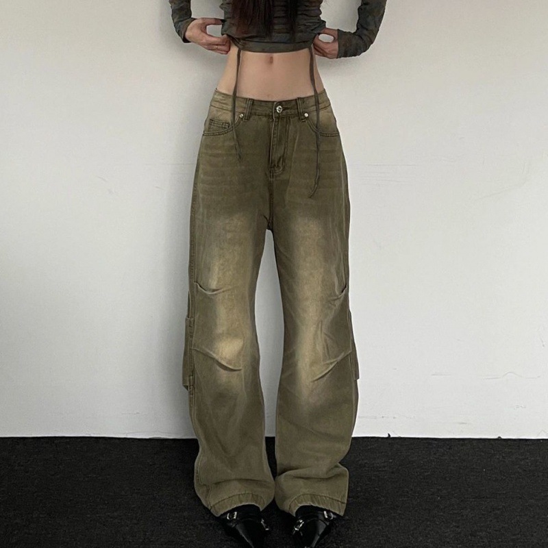 American Style Western Style Design Wash Pleated Jeans Women's High Street Straight Loose Slimming Wide Leg Trendy Trendy Trousers