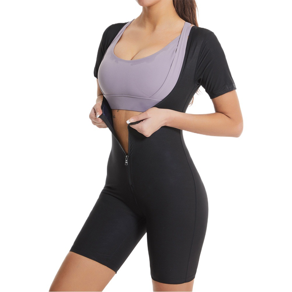 Cross-Border Women's Amazon Zipper Short-Sleeved Sweat Jumpsuit Running Sweat Suit Fitness Yoga Body Shaping Garment