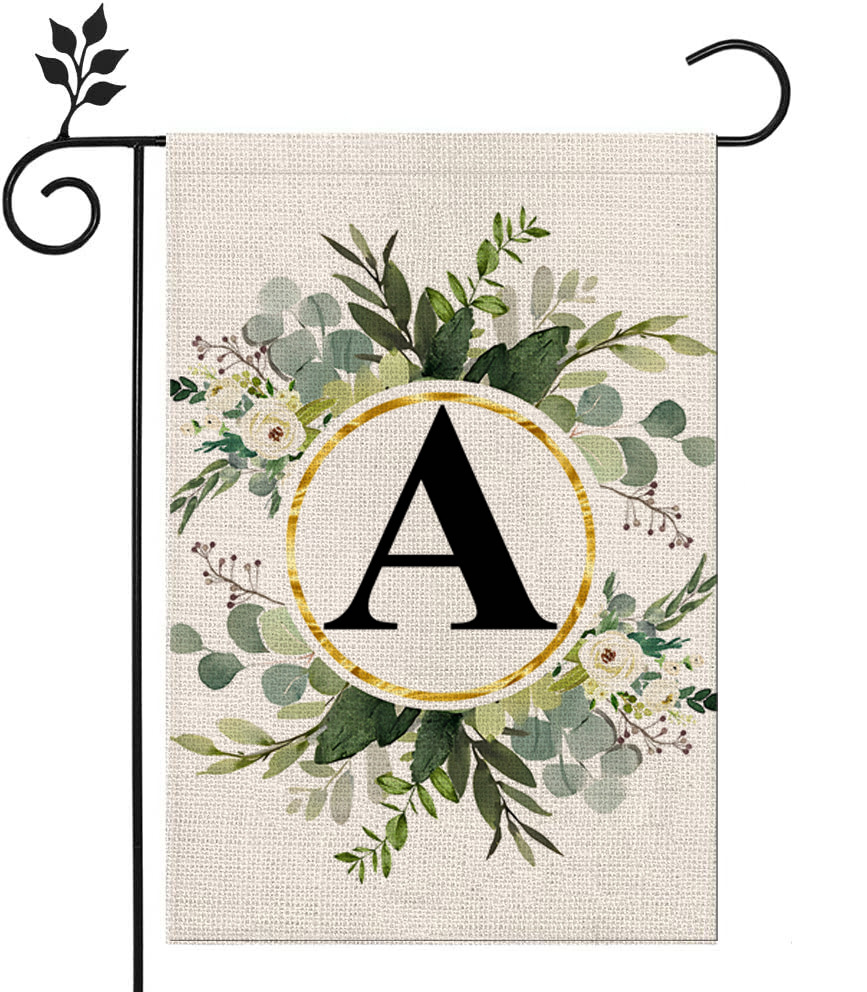 Picture of Simple ins style 26 letters + green plant printed linen garden flag surname initials courtyard door flag