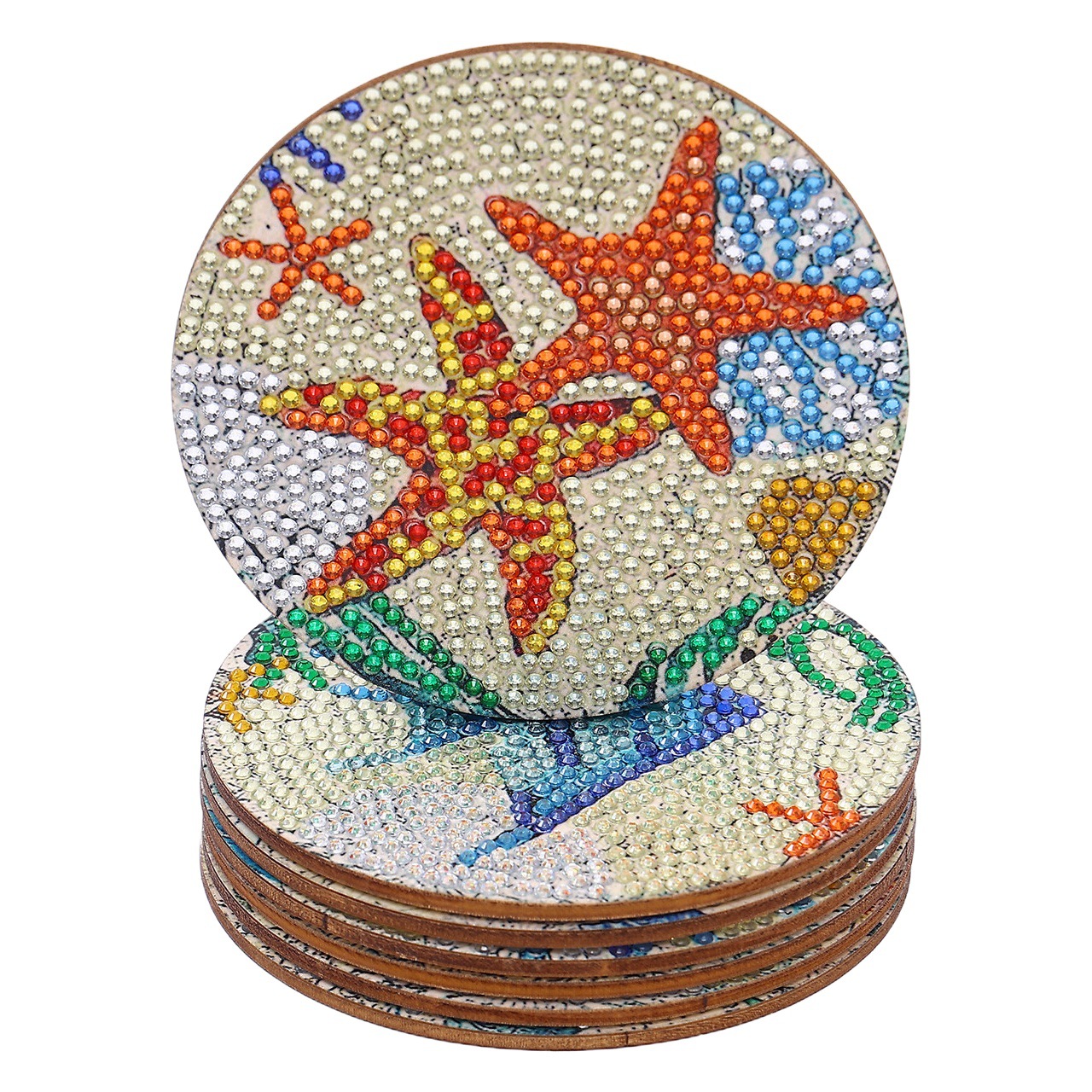 Cross-Border Hot Selling 8 Pieces Handmade DIY Wooden Dot Diamond Insulation Anti-Slip 5D Diamond Painting Underwater World Coaster with Stand