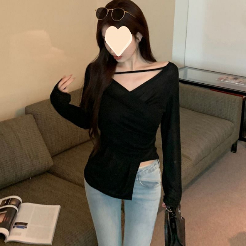 Picture of Designed Asymmetrical Cross V-Neck Long-Sleeved T-Shirt for Women in Spring & Fall Thin Unique Slim-Fitting Sexy Waist Slimming Look Top