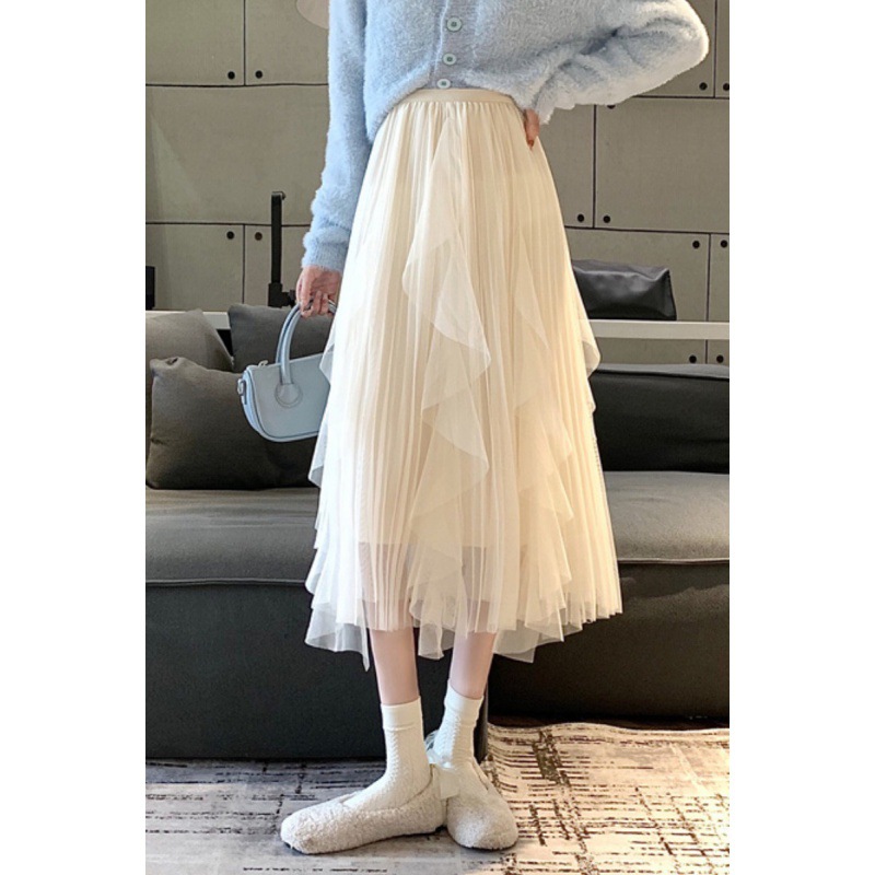 Autumn and Winter 2021 Elastoic Waist Slimming Lotus Leaf Ear Mesh Skirt Age-reducing Fashion Cake Skirt for Women