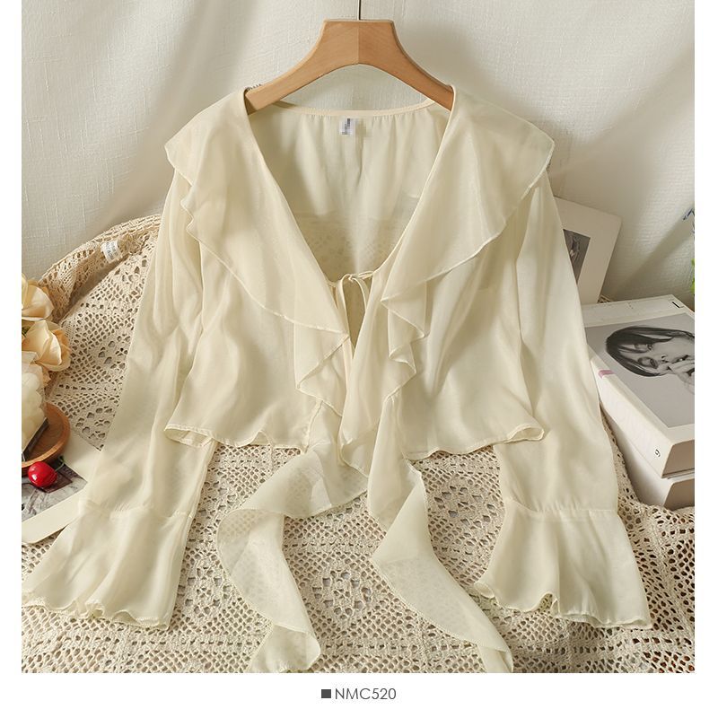 Picture of Sweet Ruffled Lace-up Short Chiffon Shirt for Women in Summer with Suspender Skirt and Shawl Small Outwear Sun Protection Blouse
