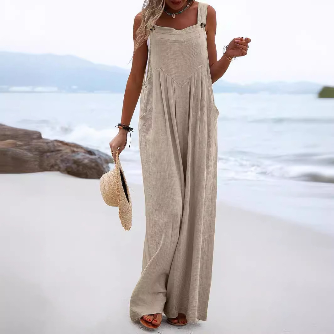 Cross-border new Amazon women's casual jumpsuit button solid color European and American women's cross-border jumpsuit