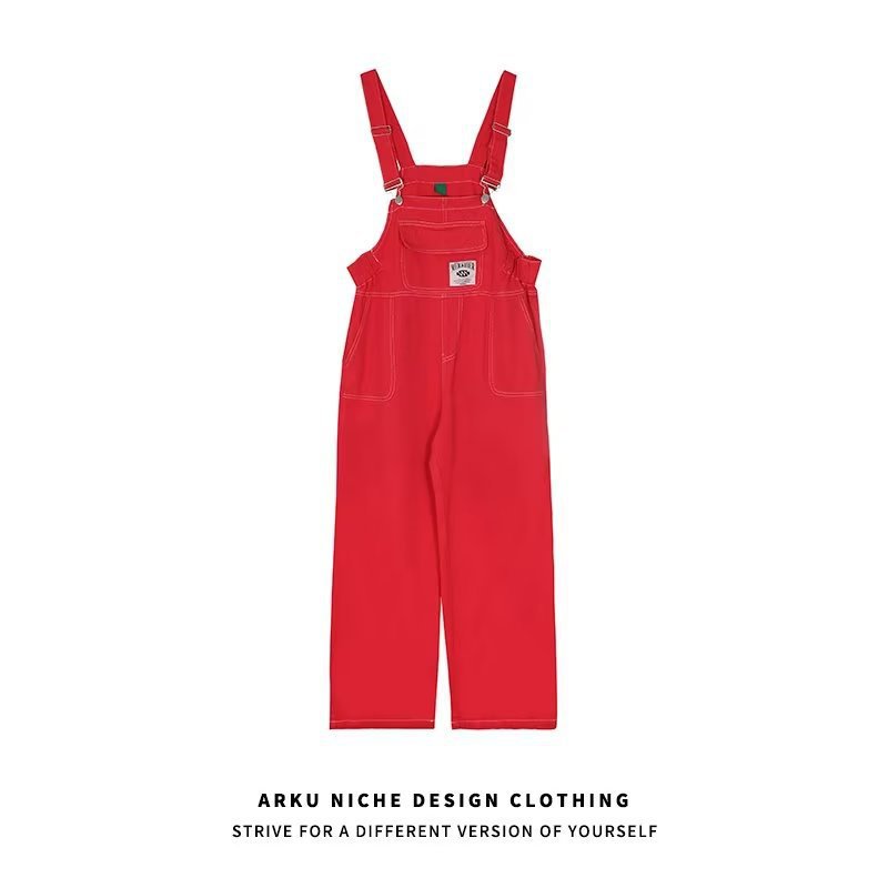 Dopamine Style American-Style Suspender Jeans for Women, Autumn New Retro High-Waisted Fashion Design Wide-Leg Pants