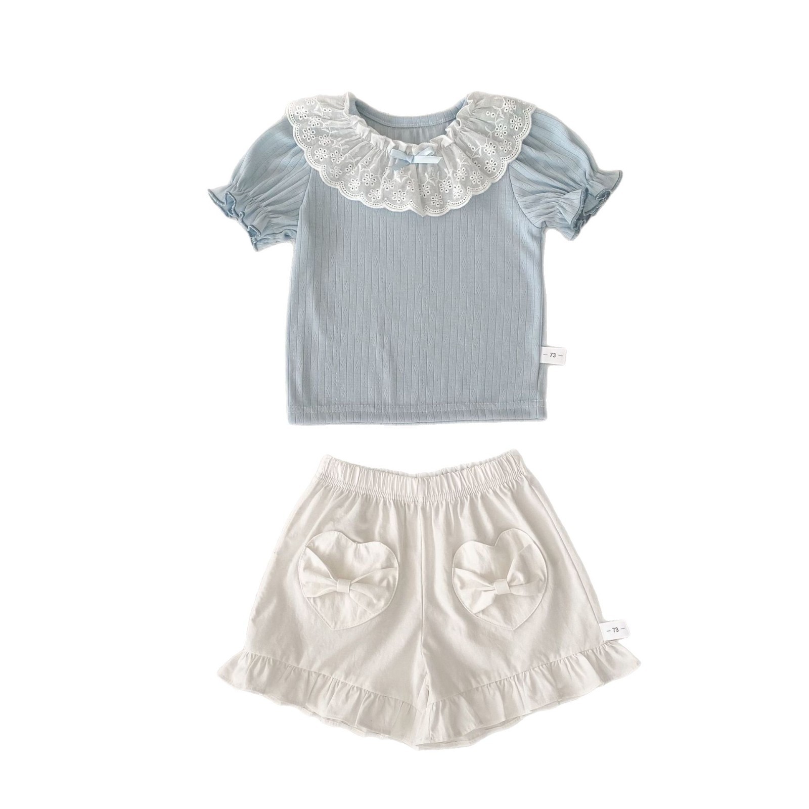 Picture of Cute Girl's Summer suit New Stylike Baby Girl's Llace Collar Short Sleeve Love Pocket Shorts Two-piece Set