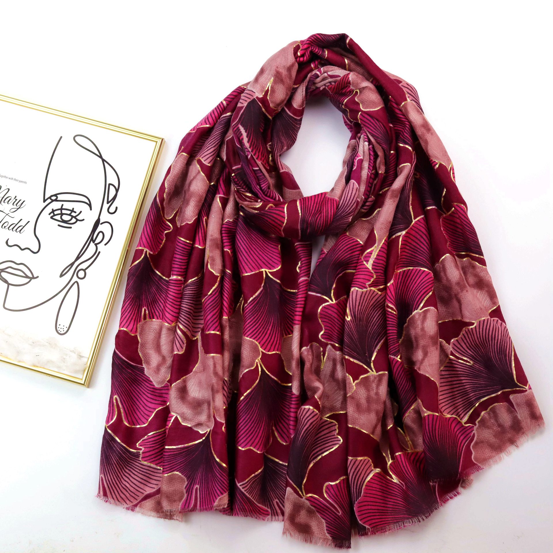 Picture of Factory Sold Cross-border Foreign Trade Bronzing Color Ginkgo Printed Long Scarf Satin Cotton Women's Autumn and Winter Scarf Warm Sunscreen Shawl