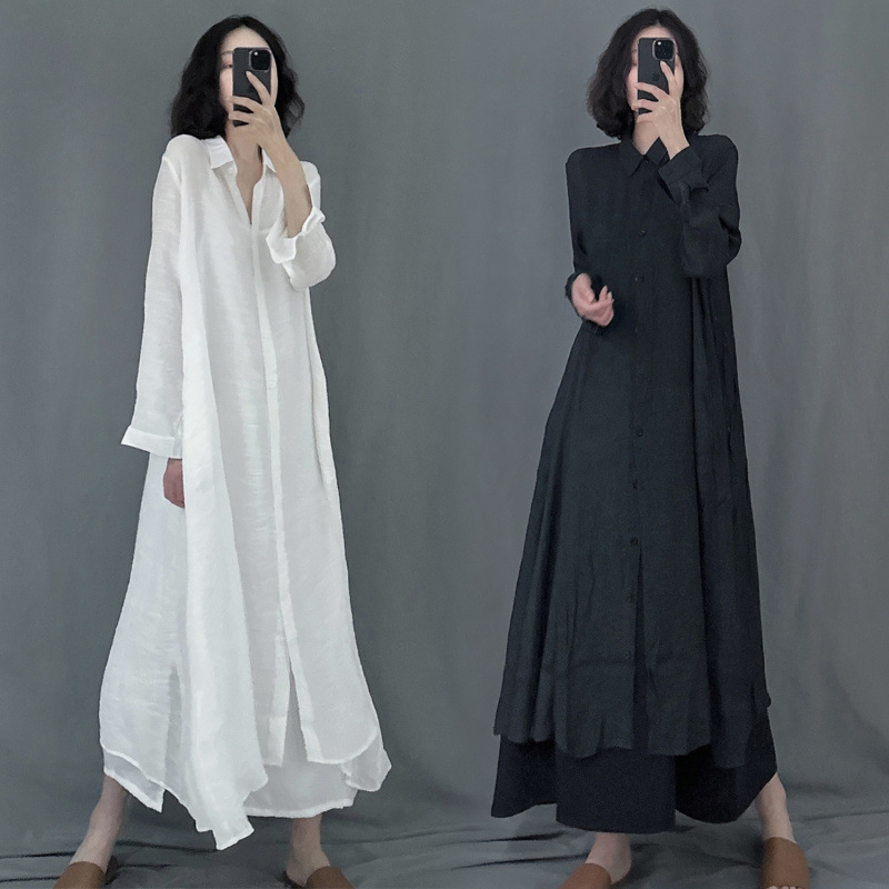 Minimalist Style Shoulder Long-Sleeved Long Sunscreen Large Cardigan Loose Cool Silk Linen White Shirt Dress