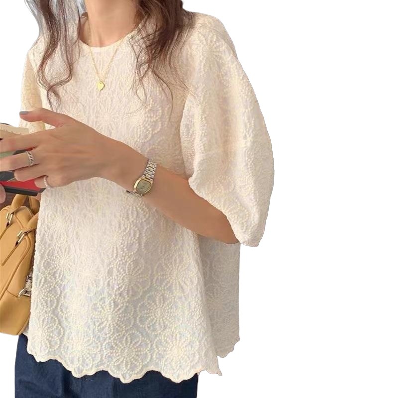 Picture of Korean style chic puff sleeve top for women new design sense niche chic heavy embroidery flower loose shirt