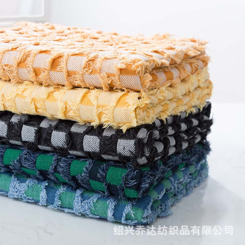 Picture of Tassel chessboard Plaid jacquard Denim fabric coat rinse washed Denim cotton cut flower texture clothing fabric