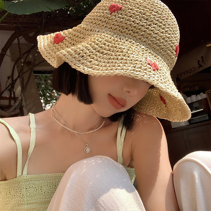 Picture of Love Handmade Straw Fisherman Hat Women's Summer Japanese Vacation Sunshade Straw Hat Seaside Beach Hat