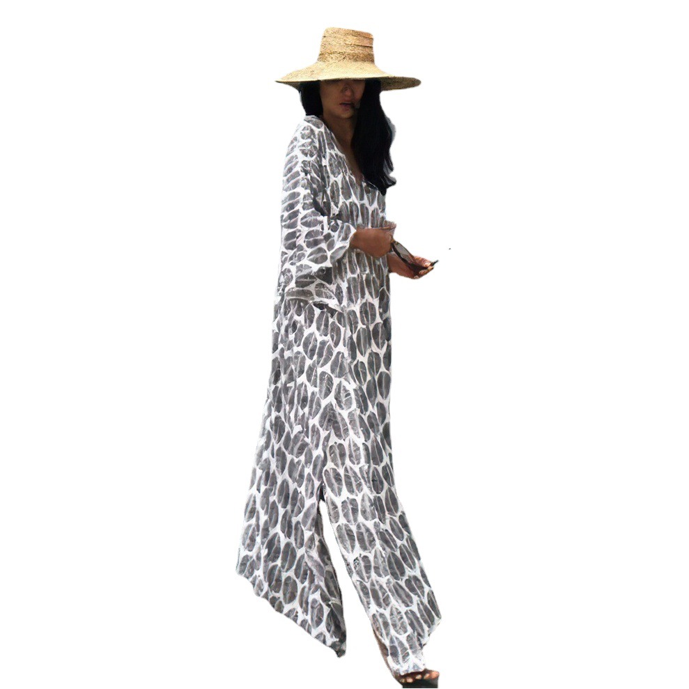 European and American Polyester Printed Beach Blouse Front and Back V-Neck Loose Robe Style Seaside Vacation Dress Bikini Sunscreen Shirt