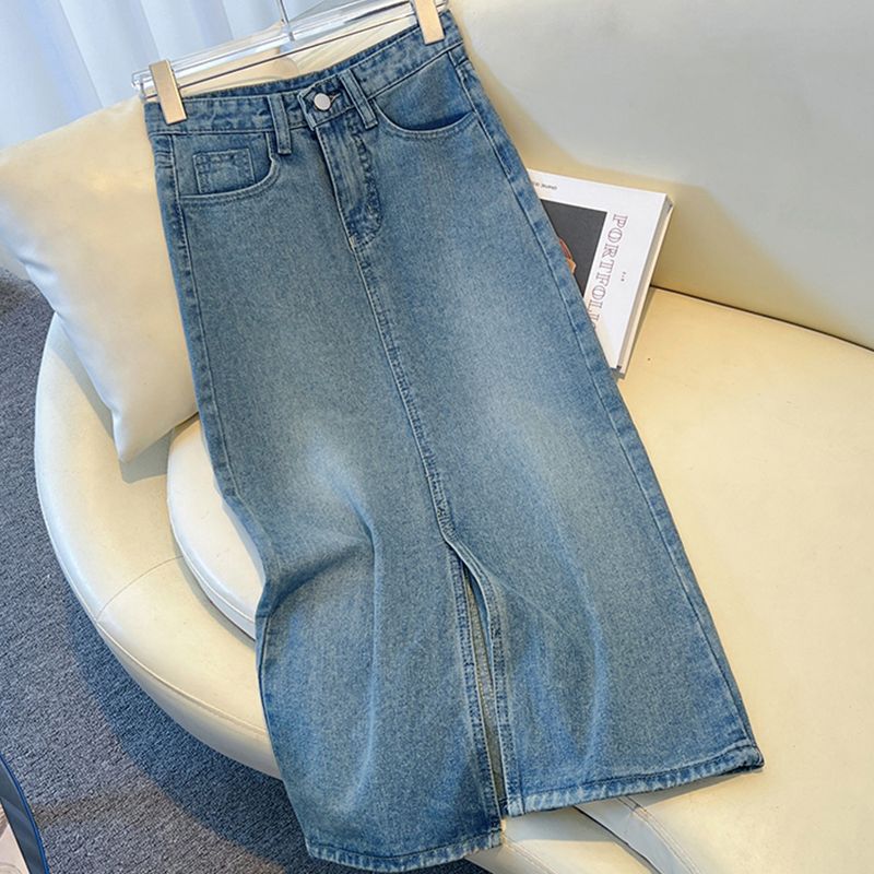 Split High Waist Retro Denim Skirt Women's 2024 New Spring and Autumn Design Sense Small A- Line Hip Dress